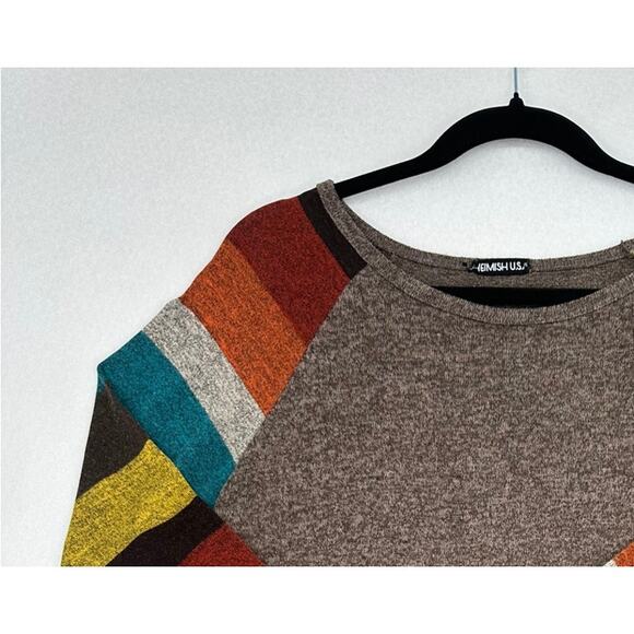 HEIMISH USA Sweaters - Heimish USA Striped Sleeve Henley Brown Lightweight Sweater Tunic Top M